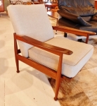 Danish Modern design recliner armchair
Circa 1960
Fully restored 
Recovered in natural Belgian Linen.