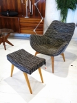 Original Grant Featherston TV chair
restored to museum quality using materials of the period
new upholstery .
1950&#39;s footstool with blonde wood legs: maker unknown
Fully restored and recovered