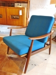 Danish armchair with peacock blue original wool upholstery in professionally cleaned & excellent condition
Timberwork is fully restored