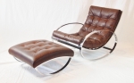 Chrome Rocker and footstool
Designer : Milo Baughman
Origin: New York
Circa : 1970
Newly re-upholstered in Italian full aniline calf leather