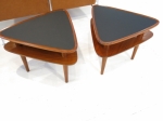 Pair of rare side tables in guitar pick shape
Walnut, with new commercial high-grade composite top surface.
Fully restored
Origin: USA circa 1950