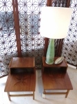 Pair of tiered side tables with leaf inlay to surface USA 1950
Walnut
Fully restored