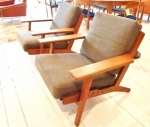 Pair of vintage model Hans Wegner 
Plank chairs.
New upholstery
Wood frames will be fully restored for sale.