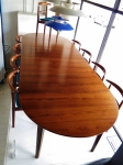 Extension table with maximum extension of 3200 mm long x 1200 mm width
4 extension leaves offer 5 possible table sizes
Fully restored condition.
Set of 10 solid rosewood chairs by Sibast. Made in Denmark circa 1960- fully restored and reupholstered