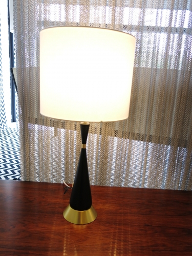 Small Australian 1950's lamp in ebonised timber with brass accents. New shade