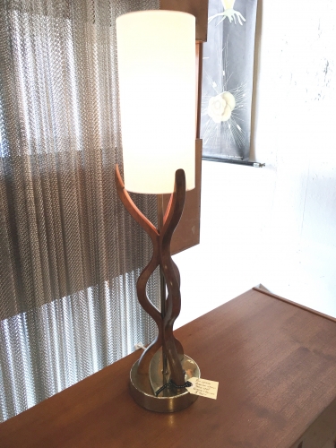 Sculptural mid century walnut and brass  lamp
